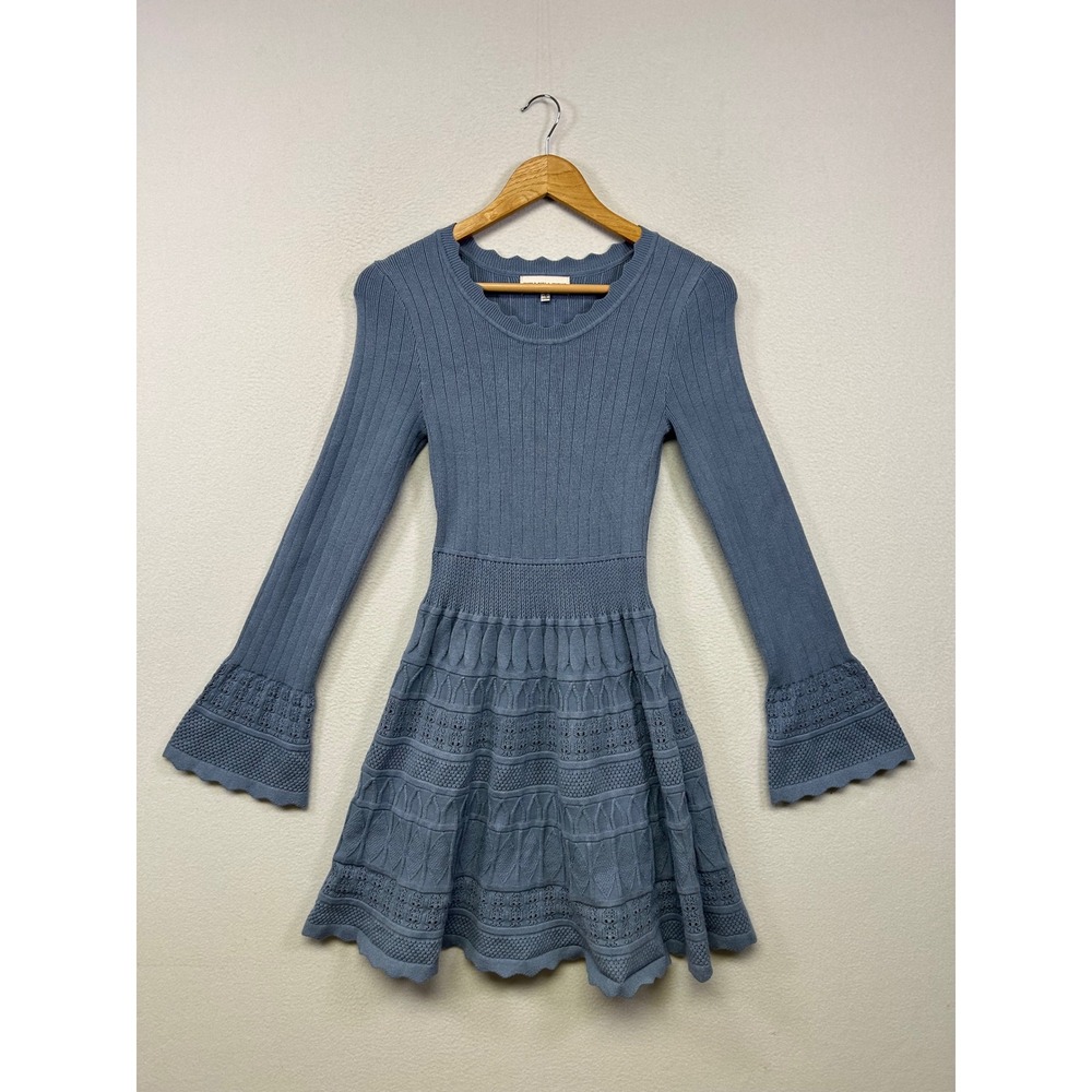 Willow & Wind Boho Cottagecore Womens Medium Blue Ribbed‎ Bell Sleeve Mini Dress
